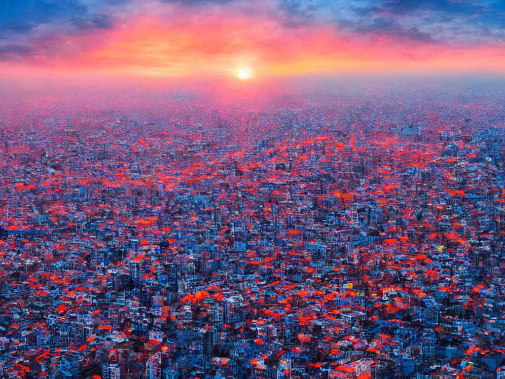 Image similar to birdseye view of a colorful sunrise over city surrounded by clouds, art by yoshitaka amano and alena aenami, cg society, cityscape