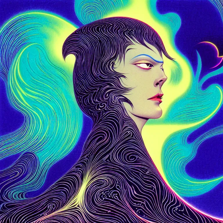 Image similar to androgynous angel radiating infinite psychic fractal waves, medium close - up, volcanic background, crescent moon, bright neon colors, highly detailed, hig resolution, cinematic, eyvind earle, tim white, philippe druillet, roger dean, lisa frank, aubrey beardsley, hiroo isono