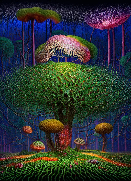 Image similar to hyper detailed 3d render like a Oil painting - polyp blossoms bring iridescent fungal flowers whose spores black the foolish stars in the middle of a dense black forest clearing, the night sky glows in a break above the trees, by Jacek Yerka, Mariusz Lewandowski, Houdini algorithmic generative render, Abstract brush strokes, Masterpiece, Edward Hopper and James Gilleard, Zdzislaw Beksinski, Mark Ryden, Wolfgang Lettl, hints of Yayoi Kasuma, octane render, 8k