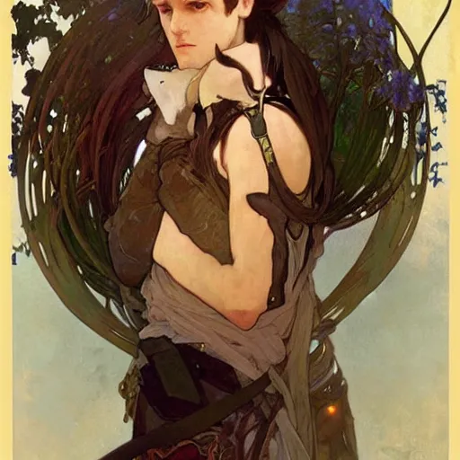 Image similar to Portrait of a pretty fantasy catboy with cat ears. Art by Greg Rutkowski and Alphonse Mucha