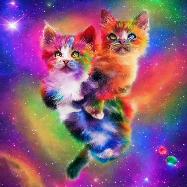 Prompt: art of Rainbow kittens in space, well lit, digital art, expressive beautiful, award winning, high quality, 4k hd, sharp, backlit, gorgeous lighting, painted by Pablo Amaringo