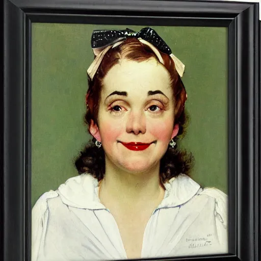 Image similar to frontal portrait of a woman with a white plastic theater mask, by norman rockwell