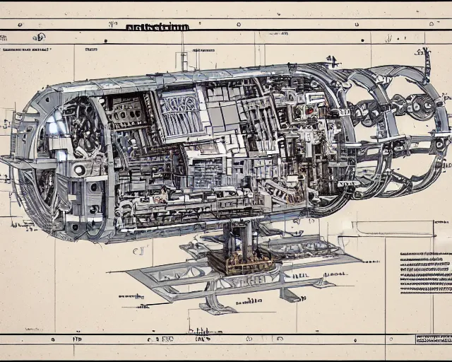 Image similar to a full page of a mechanical blueprint showing a cutaway design for a mechanized woman robot, muted colors, post grunge, studio ghibli, hq,