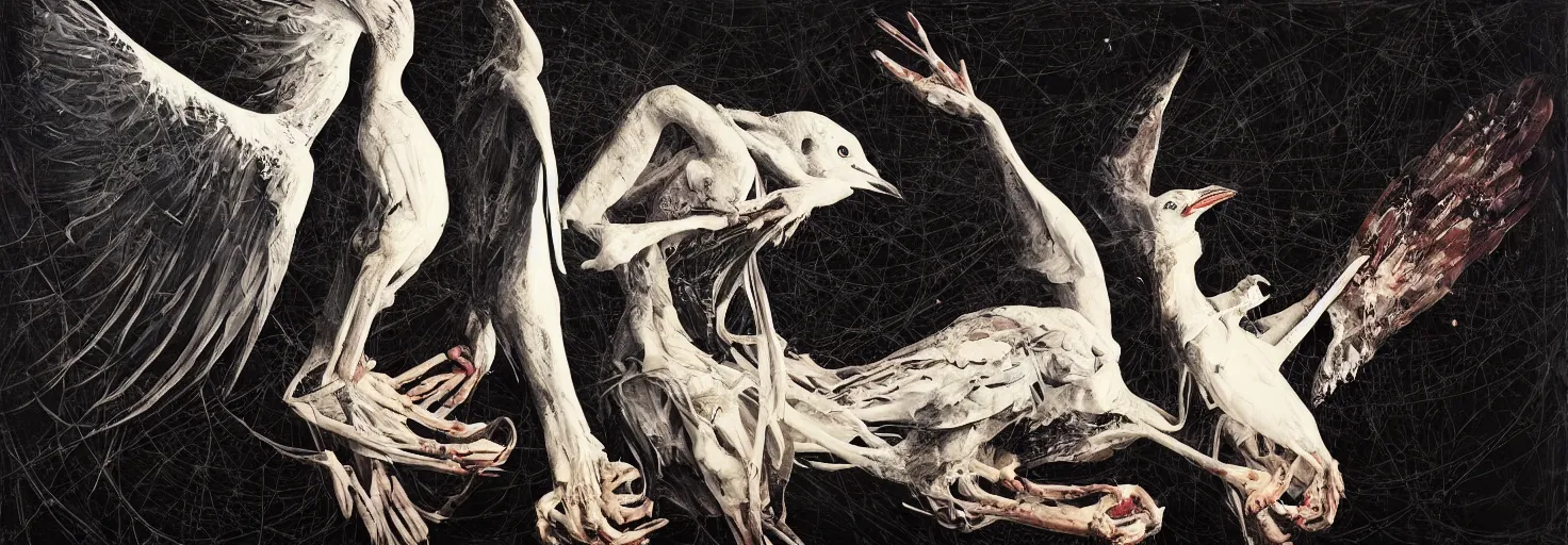 Image similar to artemixel, white crow bringing rabbit leg to a occult witch by android jones and m. c. escher and jeffrey smith and nicola samori collaboration, futurist, digital art, dramatic lighting, oil on canvas