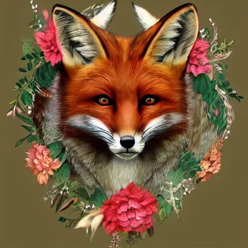 Image similar to portrait of a fox wearing a tiara wreath flowers, fantasy art, trending on artstation deviantart, beautiful art, highly detailed