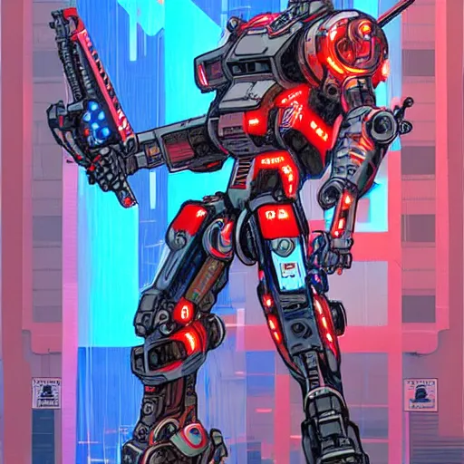Image similar to arasaka mech, cyberpunk, art by christian ward, red and blue neon
