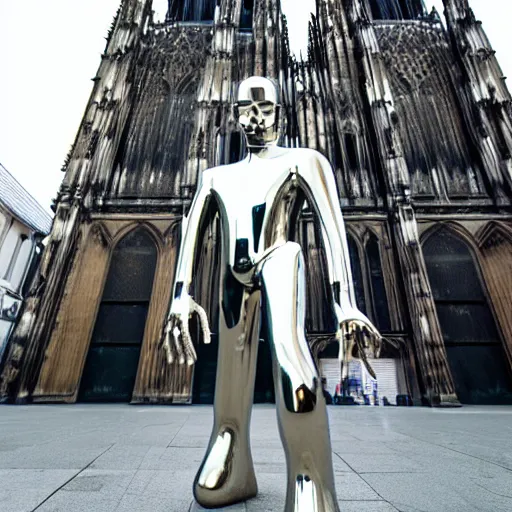 Image similar to the t - 1 0 0 0 made of liquid metal walking next to the cathedral of cologne, germany, volumetric lighting, sharp focus, ultra detailed, cgsociety - w 1 0 2 4 - n 8 - i