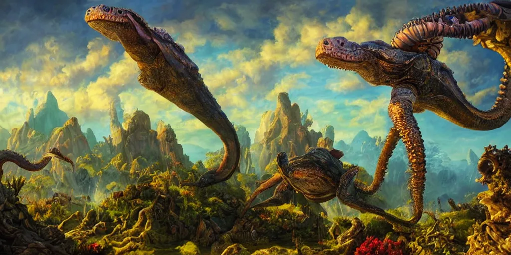 Image similar to fantasy oil painting, great leviathan, cybernetic turtle cephalopod terrapin reptilian pachyderm squid, bella hadid, hybrid, milla jovovich, anubis, epic natural light, lush plants flowers, spectacular mountains, bright clouds, luminous sky, outer worlds, golden hour, michael cheval, edward hopper, michael whelan, vray, hd