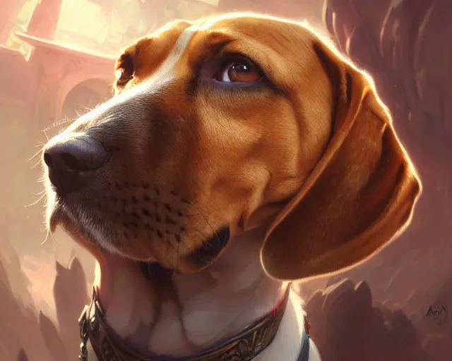 Image similar to photography of a beagle, deep focus, d & d, fantasy, intricate, elegant, highly detailed, digital painting, artstation, concept art, matte, sharp focus, illustration, hearthstone, art by artgerm and greg rutkowski and alphonse mucha