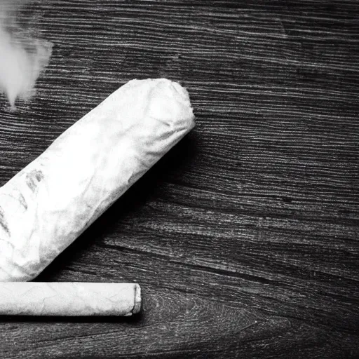 Image similar to cigar on a table, smoke slowly wafting up from the tip, black and white ultra hd