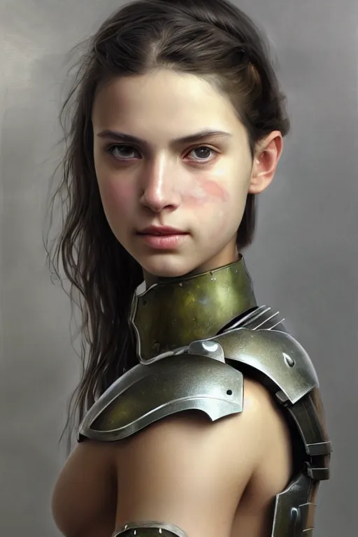 Image similar to a photorealistically painted portrait of an attractive young girl, partially clothed in dull metal-plated battle armor, olive skin, long dark hair, beautiful bone structure, symmetric facial features, perfect eyes, natural physique, intricate, elegant, digital painting, concept art, finely detailed, beautifully illustrated, sharp focus, minimal artifacts, from Metal Gear, by Ruan Jia and Mandy Jurgens and Artgerm and William-Adolphe Bouguerea, in the style of Greg Rutkowski, trending on Artstation, award winning