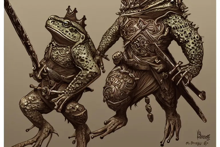 Image similar to Frog warrior king. D&D, fantasy, intricate, elegant, highly detailed, digital painting, artstation, concept art, matte, sharp focus, illustration