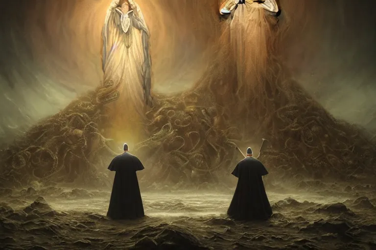 Image similar to 4 k hyperrealistic photorealistic matte painting photography of group circle pope priest in an invoking ritual in front of a viscosity cthulhu within a lovecraft portal, wide - angle portrait, atmospheric lighting, rich deep colors masterpiece, fractal crystals, fantasy portrait by tom bagshaw