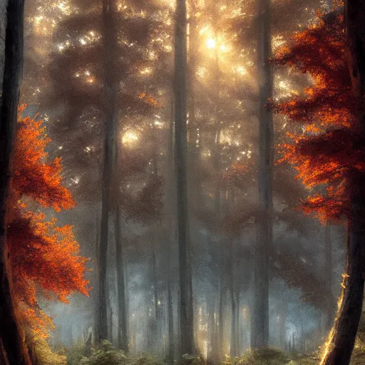 Prompt: windowview, beautiful forest, sunset, high detail, dramatic light, sunrays, digital art, dark, painted by seb mckinnon and greg rutkowski, trending on artstation