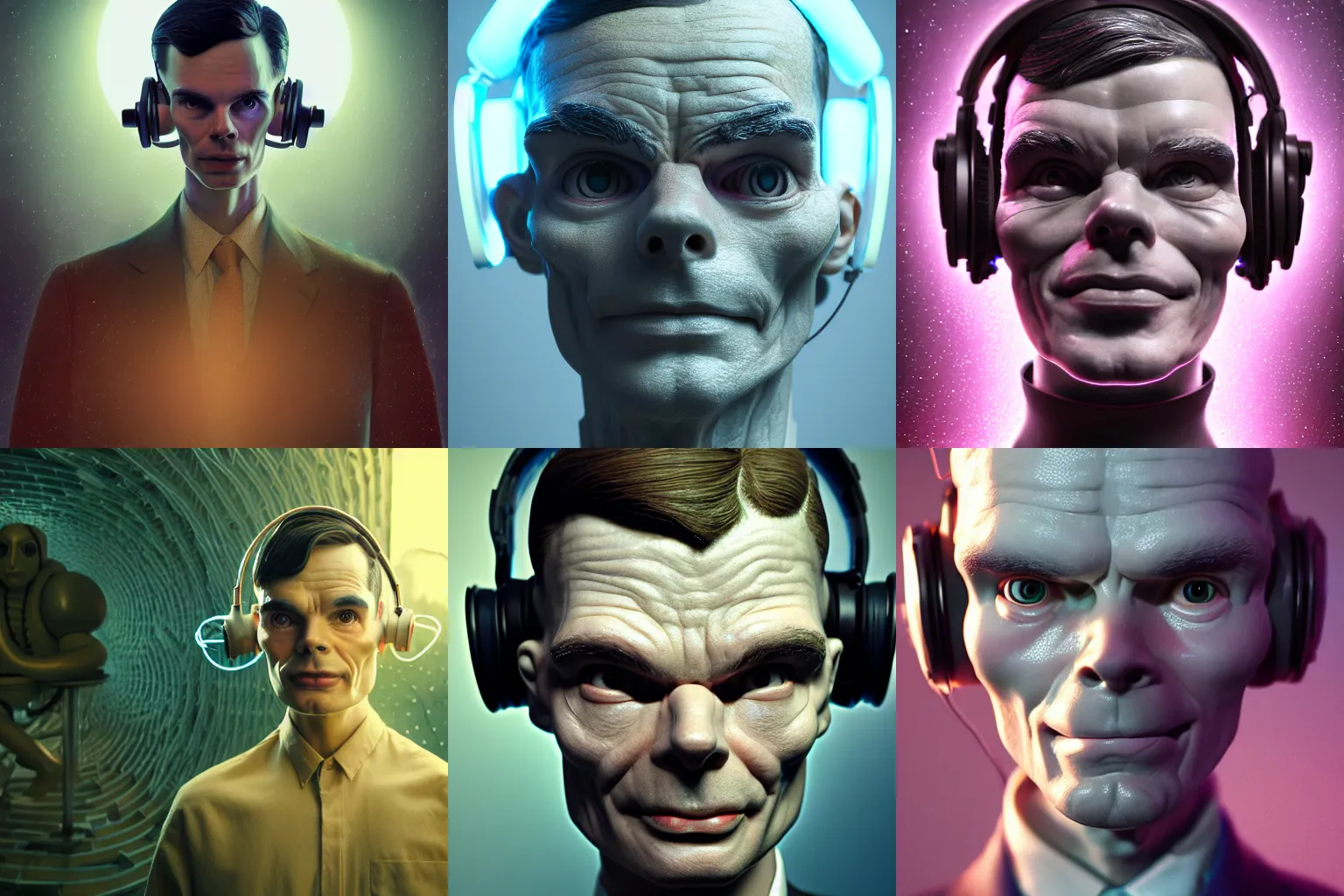 Prompt: incredibly realistic, too detailed face of crystal golem alan turing, organic eyes, spiral headphones, octane render, bump mapping, macro image, global illumination, 8 k, bokeh, enki bilal, yuji himukai, jen zee, peter mohrbacher