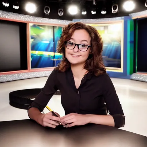 Prompt: high quality portait of a small self righteous journalist in a low budget tv studio, awkward angle,