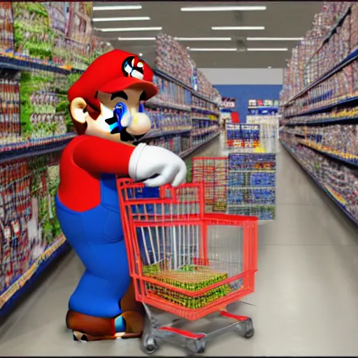 Prompt: Mario shopping in Walmart, highly detailed, high quality, HD, 4k, 8k, Canon 300mm, professional photographer, 40mp, lifelike, top-rated, award winning, realistic, sharp, no blur, edited, corrected, trending