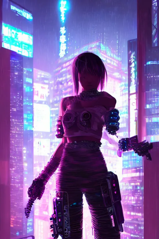 Prompt: portrait futuristic obnoxious cyberpunk young female Berserker, in futuristic heavily raindrop tokyo rooftop cyberpunk night, ssci-fi, fantasy, intricate, very very beautiful, elegant, neon light, highly detailed, digital painting, concept art, human anatomy, soft light, hdri, smooth, sharp focus, illustration, art by tian zi and craig mullins and WLOP and alphonse mucha