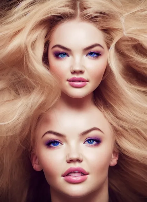 Image similar to beautiful portrait of a young woman with a perfect body who is a perfect blend of kate upton and dove cameron dressed like alice from alice in wonderland and rolling hard on ecstasy and peaking on pure molly and running her hands through her hair, pupils dilated, gasping in euphoric ecstasy, photography, high definition, 8 k resolution, retouched, glamour