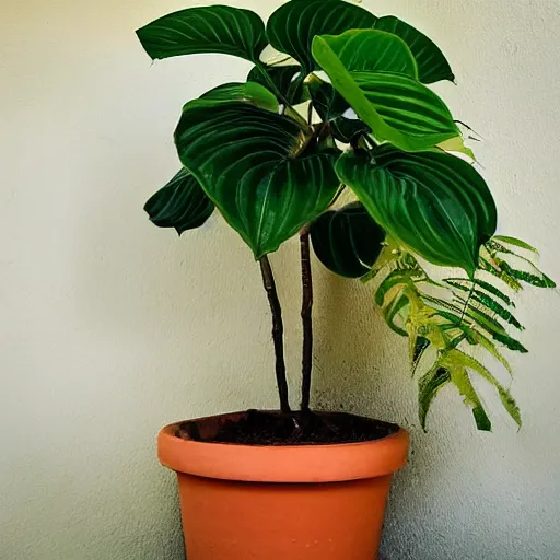 Prompt: cat hiding behind a potted philodendron plant by nxoeed