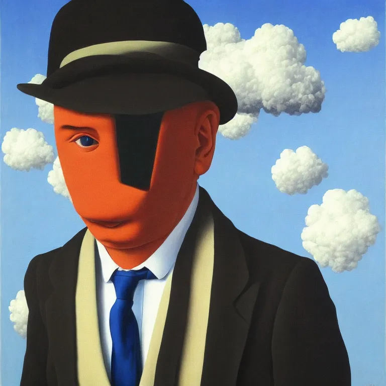 Image similar to portrait of man in a suit with cloud hiding his face by rene magritte, detailed painting, hd, hq, high resolution, high detail, 4 k, 8 k