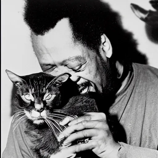 Prompt: charles mingus lovingly holding a terrifying evil cat from hell, professional, detailed