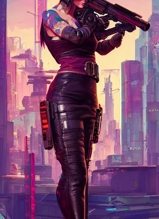 Image similar to cyberpunk woman in dress holding belt fed pistol. advertisement for pistol. cyberpunk ad poster by james gurney, azamat khairov, and alphonso mucha. artstationhq. painting with vivid color, cell shading. ( rb 6 s, cyberpunk 2 0 7 7 )