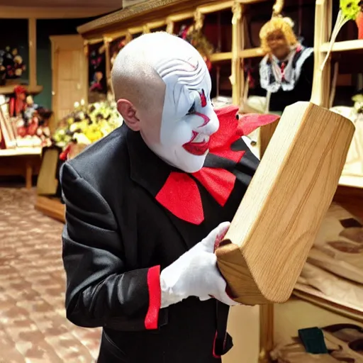 Prompt: clown shopping for coffins at a funeral home