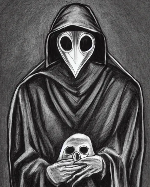 Image similar to a man in black hooded robes holding a plague doctor mask in hand, detailed art by greg rukowtski