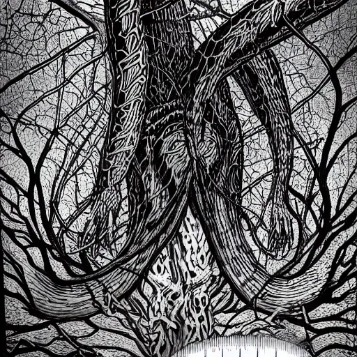 Image similar to tranquil, lines by emek golan macro photo. a art installation of a large, looming creature with a long, snake body. many large, sharp teeth, & eyes glow. wrapped around a large tree, bent under the weight. small figure in foreground, a sword, dwarfed by the size of the creature.