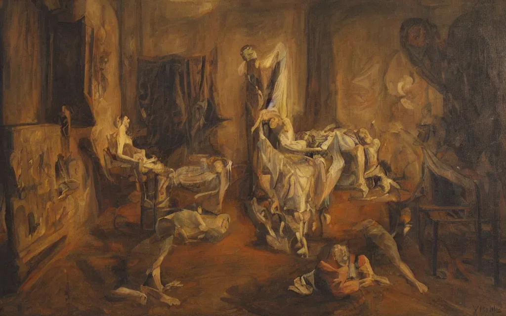 Image similar to a painting of nightmare in a room, by vilhelms purvitis, oil on canvas