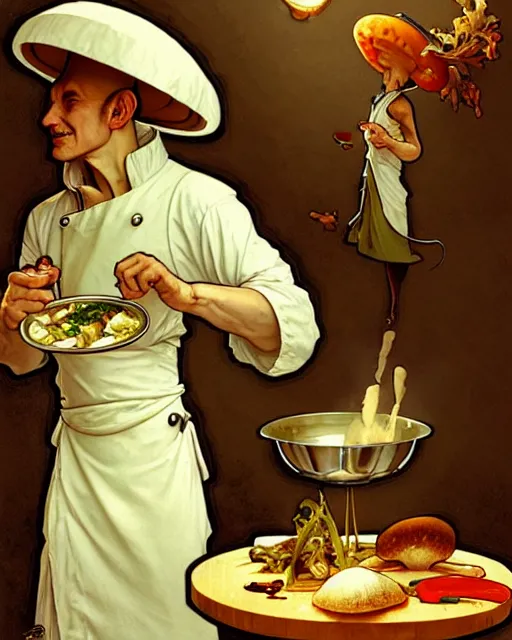 Image similar to an anthropomorphic mushroom chef cooking a meal, art by greg rutkowski and alphonse mucha