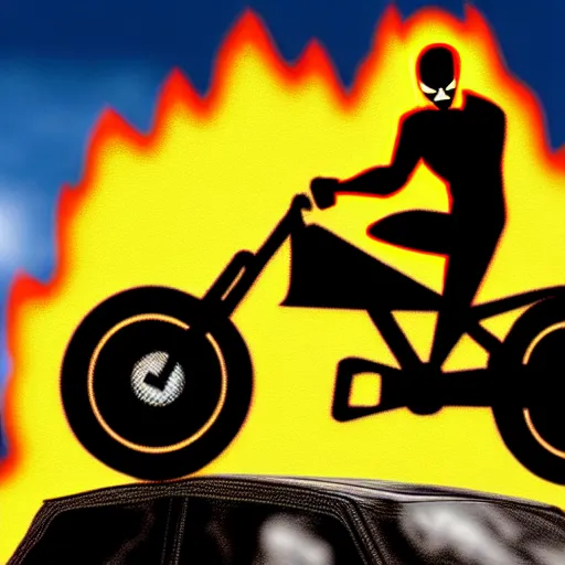 Image similar to portrait of marvel ghost rider driving a rockrider mountain bike, medium shot, realistic