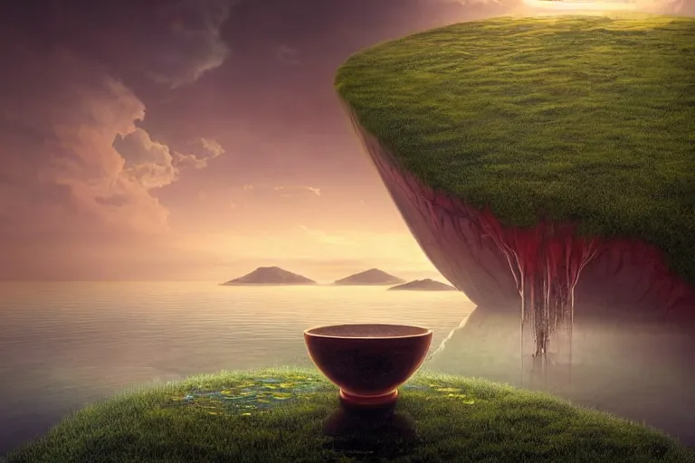 Image similar to a surreal landscape at sunset with a immense gigantic ornated iron chalice cup with a lake inside, water in excess dropping by gediminas pranckevicius