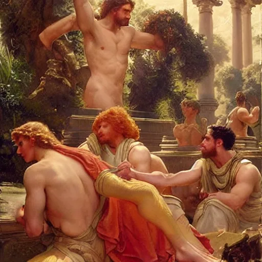 Prompt: hercules gives achilles the side - eye while they wait in line to worship at zeus's feet, throne of olympus, heavenly marble, gods and goddesses in elegant clothes, painting by gaston bussiere, craig mullins, j. c. leyendecker, tom of finland