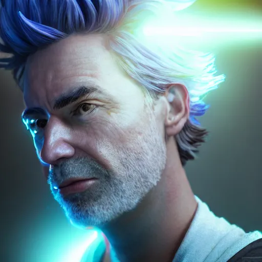 Image similar to portrait art of rick sanchez 8 k ultra realistic, lens flare, atmosphere, glow, detailed, intricate, full of colour, cinematic lighting, trending on artstation, 4 k, hyperrealistic, focused, extreme details, unreal engine 5, cinematic, masterpiece