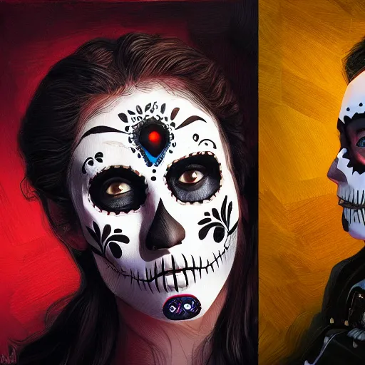 Image similar to portrait, day of the dead by petros afshar, hyper real, laurie greasley, jc leyendecker and singer sargent