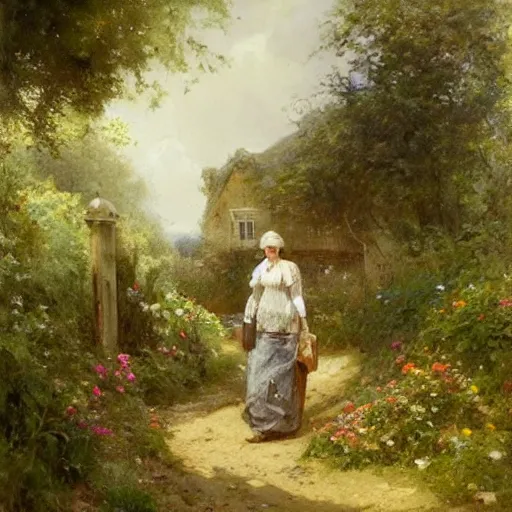 Prompt: remove people. no people. no figures. jean-Baptiste Monge and Solomon Joseph Solomon and Richard Schmid and Jeremy Lipking victorian genre painting portrait painting of an english country cottage with a stone path and flower garden