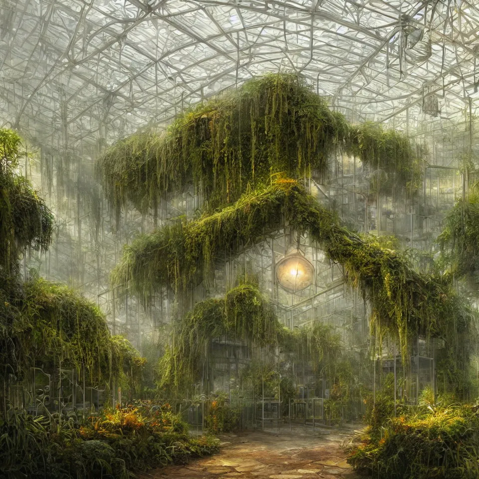 Image similar to a beautiful hyperrealistic detailed rendering a futuristic greenhouse biolab with overgrown bioluminescent plants, hazy lighting, by john howe, lee madgwick, hubert robert, epic scale ultrawide angle, deviantart, 4 k wallpaper, dawn, warm cinematic volumetric lighting, deep colors