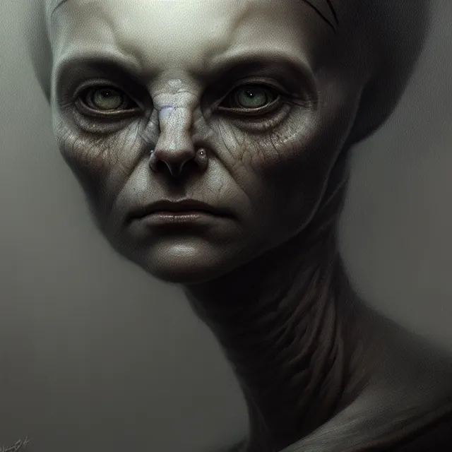 Prompt: Alien grey portrait, atmospheric lighting, painted, intricate, ultra detailed by Leesha Hannigan, Thierry Doizon, Kai Carpenter, well composed, best on artstation, cgsociety, epic, stunning, gorgeous, intricate detail, wow, masterpiece