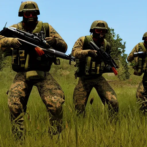 Prompt: arma 3 screenshot, us marine platoon