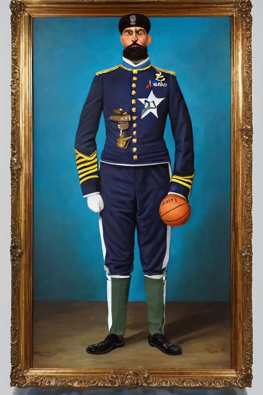 Image similar to full body portrait of the dictator of the minnesota timberwolves, 1 8 8 9, in full military garb, midnight blue, lake blue, moonlight grey and aurora green, oil on canvas by william sidney mount, trending on artstation