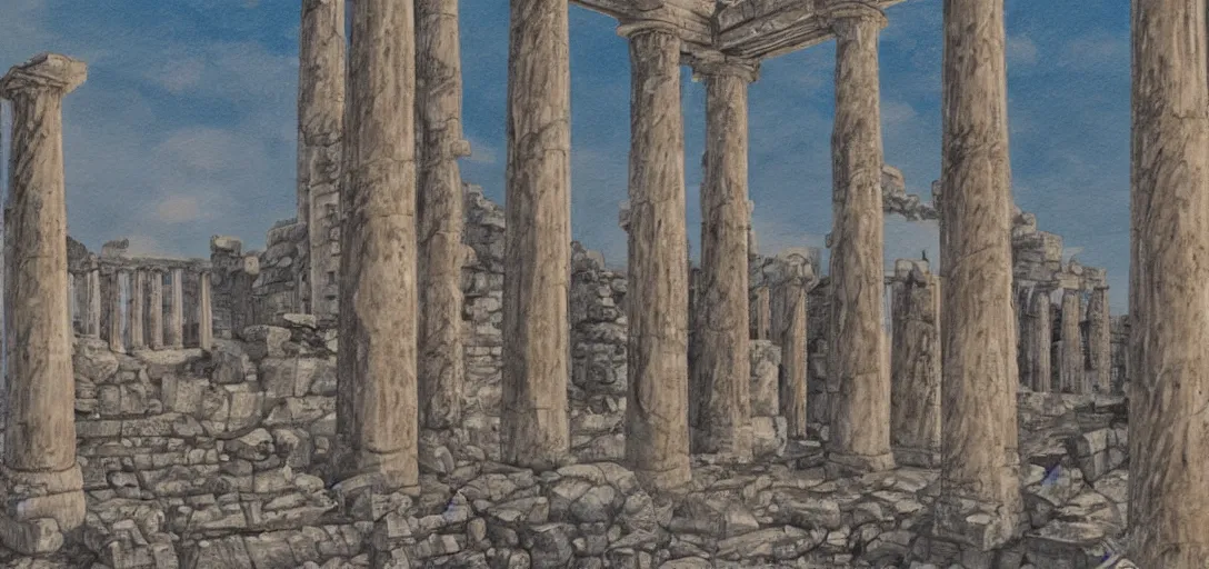 Image similar to The ruins of the Silver Millennium on the moon from Sailor Moon, digital painting, Earth in the distance, Greek-esque columns and ruins