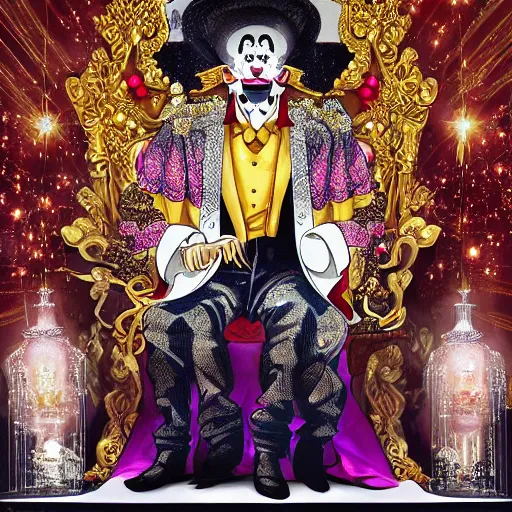 Prompt: manga of a shining majestic throne made of millions of diamonds, gold and zaphires with thousands of light reflections, and a clown on a tuxedo suit is sitting on the throne while handing a golden balloon, dramatic light