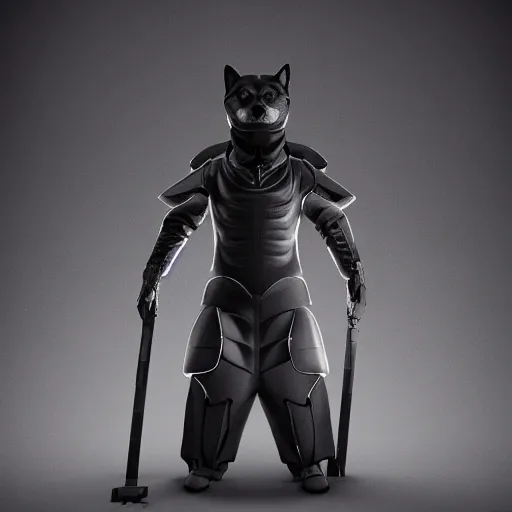 Image similar to black armor, anthropomorphic shiba inu, shiba inu face, stuning 3 d render, masterpiece, glowing aura, by tsutomu nihei, realistic face