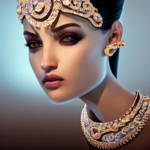 Image similar to portrait of wonderful princess of diamond with fair skin, ornate with diamonds, 8 k, gorgeous, intricate, detailed, glowing white accent lighting, dramatic lighting, octane render