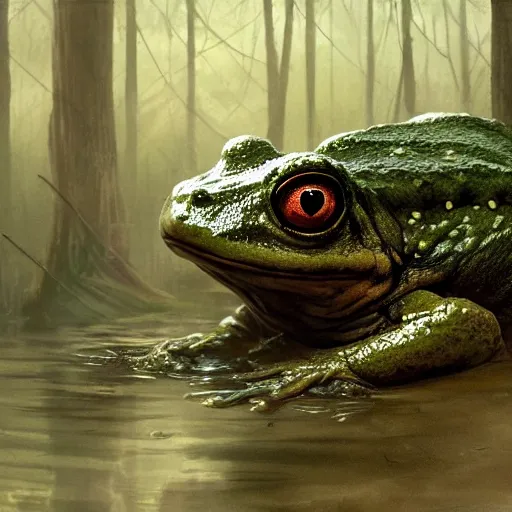 Image similar to giant monster frog in swamp, artwork by greg rutkowski, trending on art station, magic the gathering, 4 k, matte painting