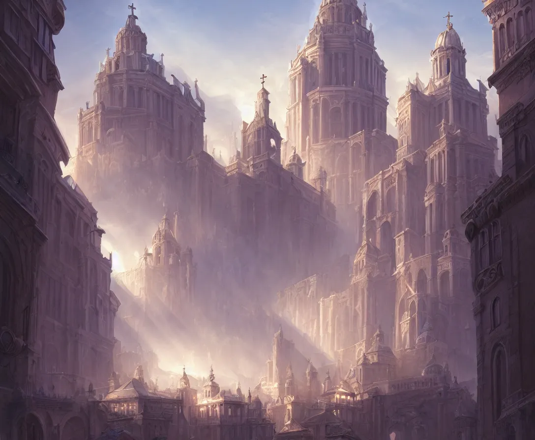 Prompt: highly detailed concept art of authoritarian pearly white medieval city, roman architecture with religious iconography, sunbeams, art by jonathan berube, digital painting, fantasy, d & d, beautiful, illustration