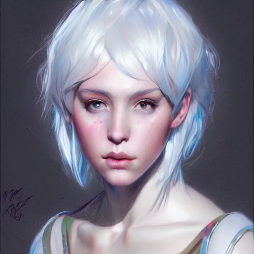 Prompt: teen girl, white hair, short hair, artstation, ethereal, sketch, painting, highly detailed, vibrant colors, by mark brooks and greg rutkowski