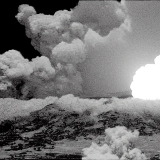 Image similar to combat drone strike war footage, ir, infrared camera, very high contrast, nuclear cloud, high angle vertical